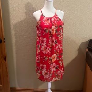 Red floral, high neck, mini dress